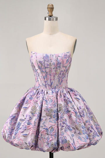 Purple Strapless Brocade A-Line Corset Mini Party Dress with Bubble-Hem